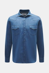 Ace Denim Jeanshemd blau, frontal fotografiert, reine Baumwolle, weicher Griff, Slim Fit, schmaler Kragen, Druckknopfleiste, Brusttaschen, Western-Schulterpasse, Sportmanschette, gerundeter Saum.