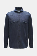 Ace Denim Jeanshemd dunkelblau, Frontansicht, reine Baumwolle, weicher Griff, Slim Fit, schmaler Kragen, Druckknopfleiste, Brusttaschen, Western-Schulterpasse, Sportmanschette, gerundeter Saum.