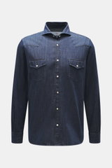 Ace Denim Jeanshemd dunkelblau, Frontansicht, reine Baumwolle, weicher Griff, Slim Fit, schmaler Kragen, Druckknopfleiste, Brusttaschen, Western-Schulterpasse, Sportmanschette, gerundeter Saum.