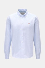 Ami Paris Casual Shirt Button-Down Collar Light Blue/White Striped shown from front, featuring pure cotton, soft touch, oversized fit, classic stripe design, patch button placket, classic sport cuff, and slightly rounded hemline; modern interpretation of 