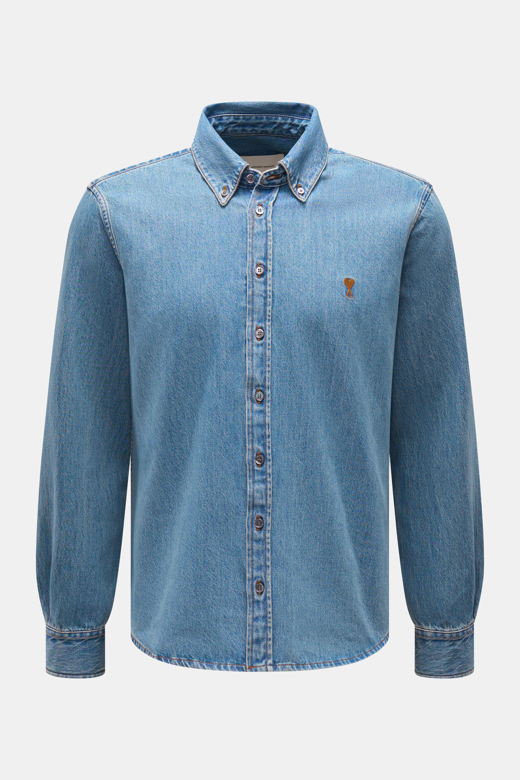 Front view of Ami Paris Denim shirt button-down collar smoky blue, made of pure cotton denim with a slightly textured feel, heavy fabric, regular fit, button-down collar, patch button placket, classic barrel cuffs, slightly rounded hem, and signature logo