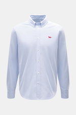 Maison Kitsuné Oxford shirt button-down collar light blue shown from front, pure cotton Oxford fabric, soft feel, regular fit, button-down collar, signature logo stitching, classic barrel cuffs, inverted pleat on the back, rounded hem.