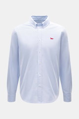 Maison Kitsuné Oxford shirt button-down collar light blue shown from front, pure cotton Oxford fabric, soft feel, regular fit, button-down collar, signature logo stitching, classic barrel cuffs, inverted pleat on the back, rounded hem.