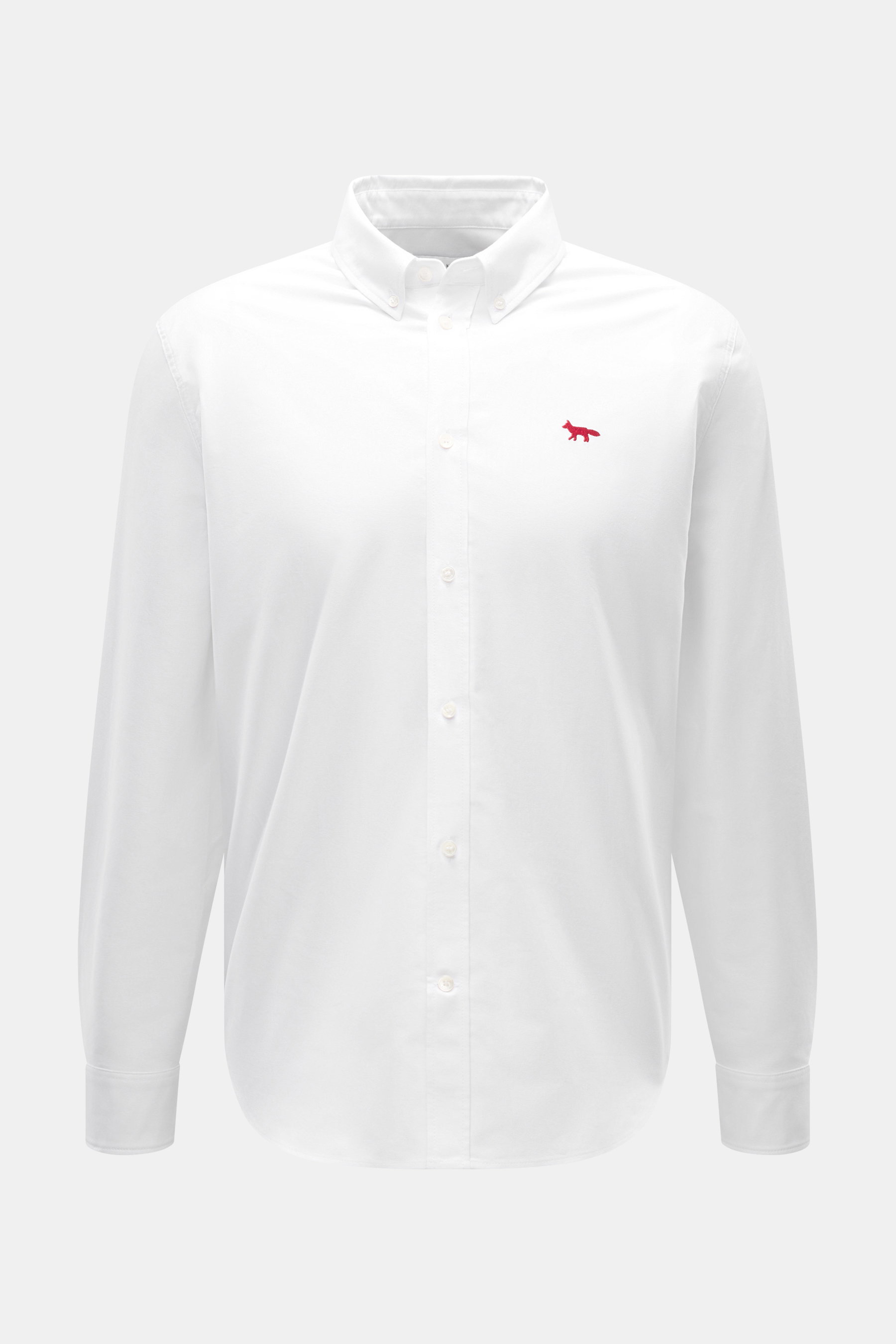 Front view of Maison Kitsuné Oxford shirt button-down collar white, featuring pure cotton Oxford fabric, soft feel, regular fit, button-down collar, signature logo stitching, classic barrel cuffs, inverted pleat on the back, and rounded hem.