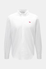 Front view of Maison Kitsuné Oxford shirt button-down collar white, featuring pure cotton Oxford fabric, soft feel, regular fit, button-down collar, signature logo stitching, classic barrel cuffs, inverted pleat on the back, and rounded hem.