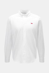 Front view of Maison Kitsuné Oxford shirt button-down collar white, featuring pure cotton Oxford fabric, soft feel, regular fit, button-down collar, signature logo stitching, classic barrel cuffs, inverted pleat on the back, and rounded hem.