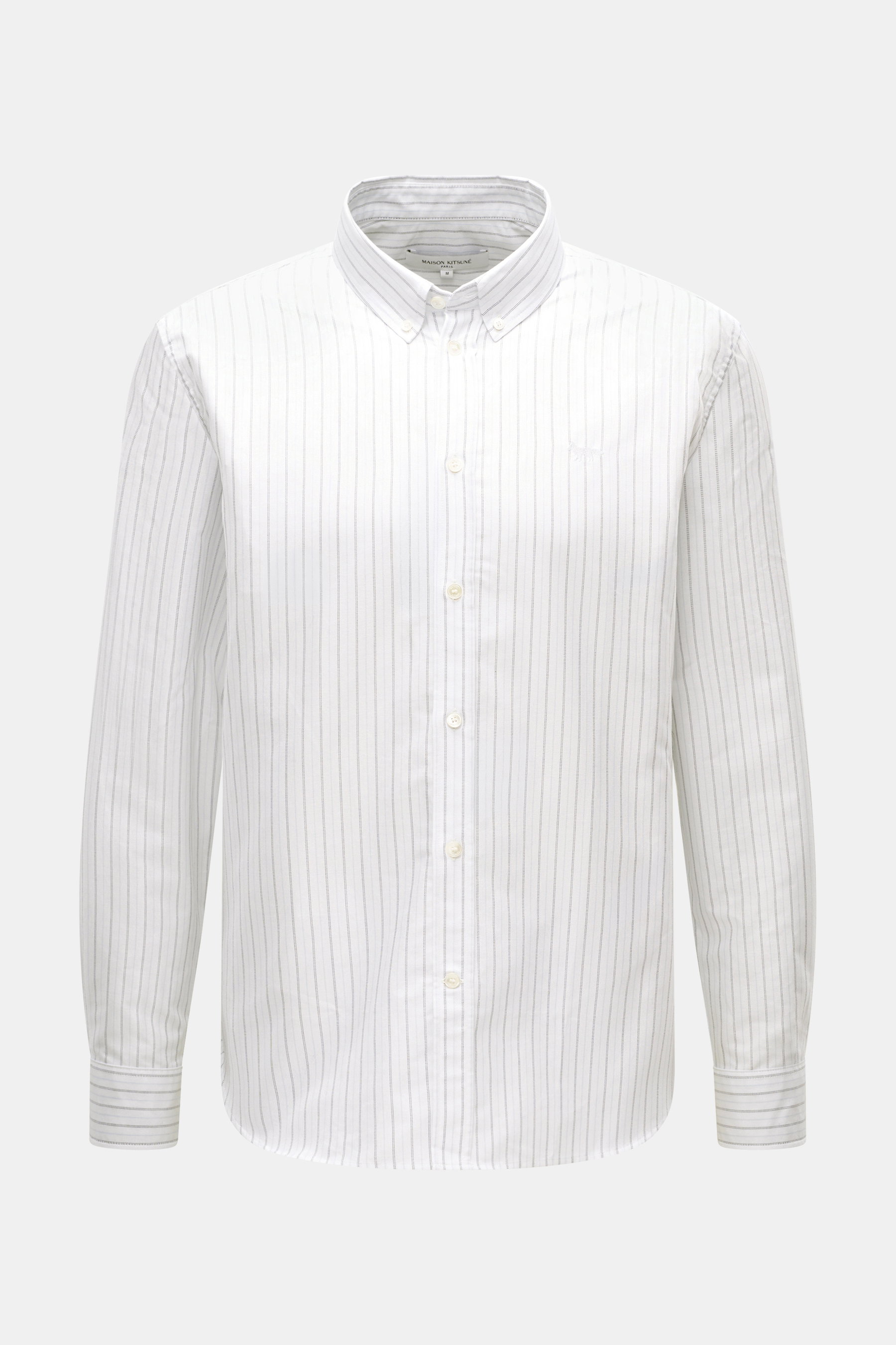 Front view of Maison Kitsuné Oxford Shirt Button-Down Collar white/light blue/black striped, made of pure cotton Oxford, soft touch, regular fit, button-down collar, patch button placket, brand-typical logo stitching, classic sport cuff, movement pleats o