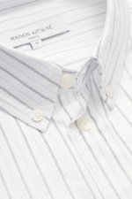Close-up front top view of Maison Kitsuné Oxford Shirt Button-Down Collar white/light blue/black striped, showing button-down collar, patch button placket, and brand-typical logo stitching. Oxford made of pure cotton, soft touch, regular fit, classic spor