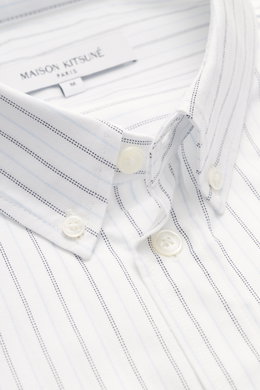 Close-up front top view of Maison Kitsuné Oxford Shirt Button-Down Collar white/light blue/black striped, showing button-down collar, patch button placket, and brand-typical logo stitching. Oxford made of pure cotton, soft touch, regular fit, classic spor