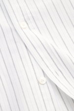 Close-up front view of the Maison Kitsuné Oxford Shirt Button-Down Collar white/light blue/black striped, showing Oxford made of pure cotton, soft touch, regular fit, button-down collar, patch button placket, brand-typical logo stitching, classic sport cu