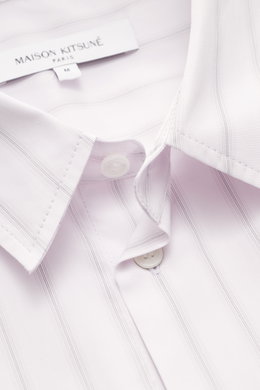 Close-up front view of Maison Kitsuné Casual Shirt Kent Collar rose/anthracite striped showing pure cotton fabric, smooth touch, fine striped pattern, kent collar, brand-typical logo stitching, classic sport cuff, movement pleats on the back, regular fit,