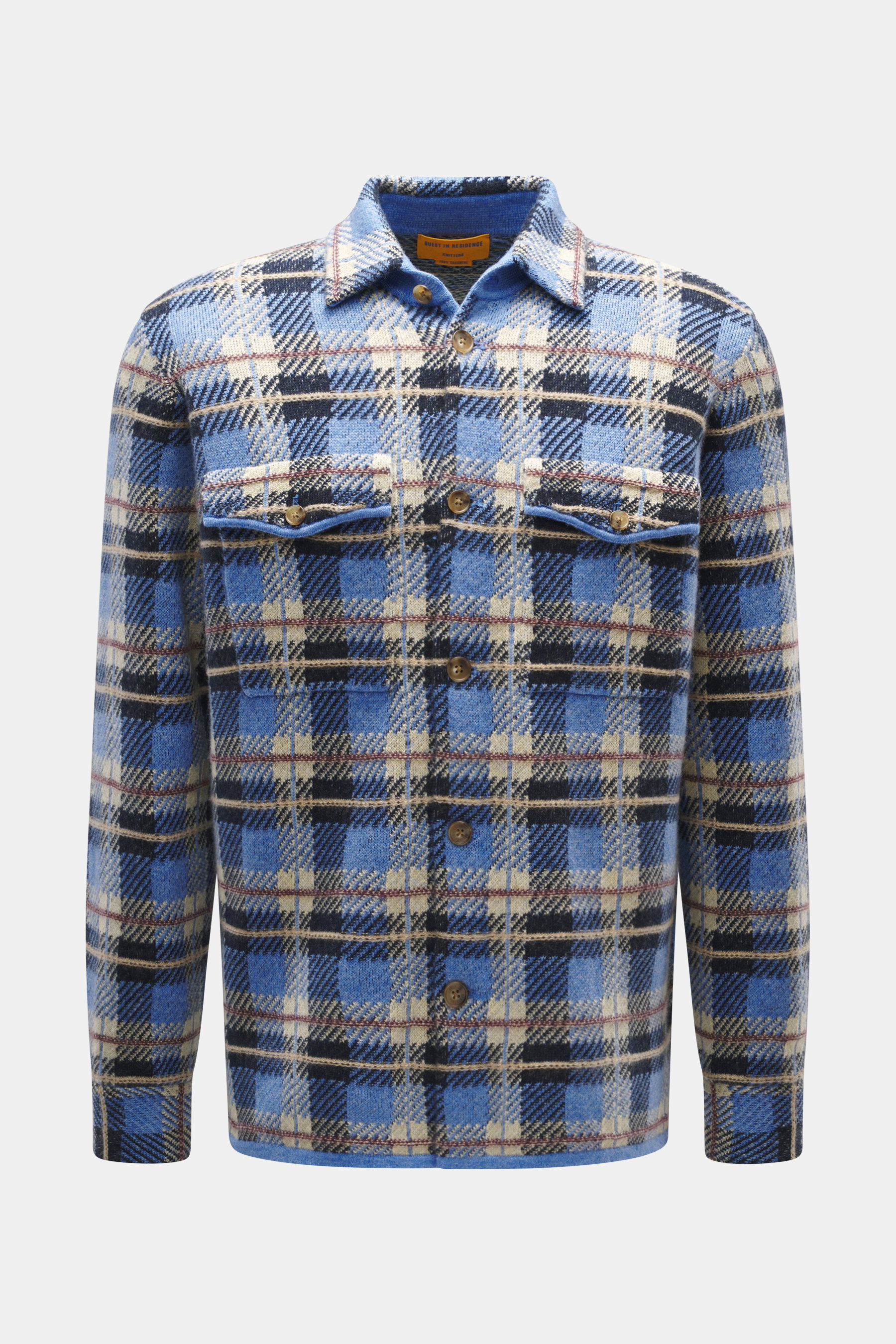 Front view of Guest In Residence Cashmere knit shirt blue/navy/sand checkered, made of pure cashmere with soft touch, medium-fine knit pattern, regular fit, smooth button placket, turn-down collar, breast pockets with flap and button, and short hem slits.