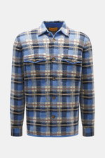 Front view of Guest In Residence Cashmere knit shirt blue/navy/sand checkered, made of pure cashmere with soft touch, medium-fine knit pattern, regular fit, smooth button placket, turn-down collar, breast pockets with flap and button, and short hem slits.