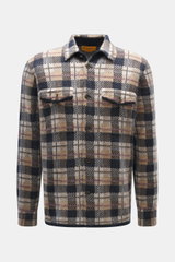 Front view of Guest In Residence Cashmere knit shirt light brown/beige/navy checkered, pure cashmere, soft feel, medium-fine knit pattern, regular fit, smooth button placket, turn-down collar, breast pockets with flap and button, short hem slits.