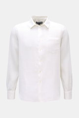 Front view of Vilebrequin Linen shirt slim collar white, featuring lightweight fabric, soft feel, regular fit, narrow collar, French button placket, classic barrel cuffs, patch breast pocket, rounded hem, and tonal stitching on the hem.