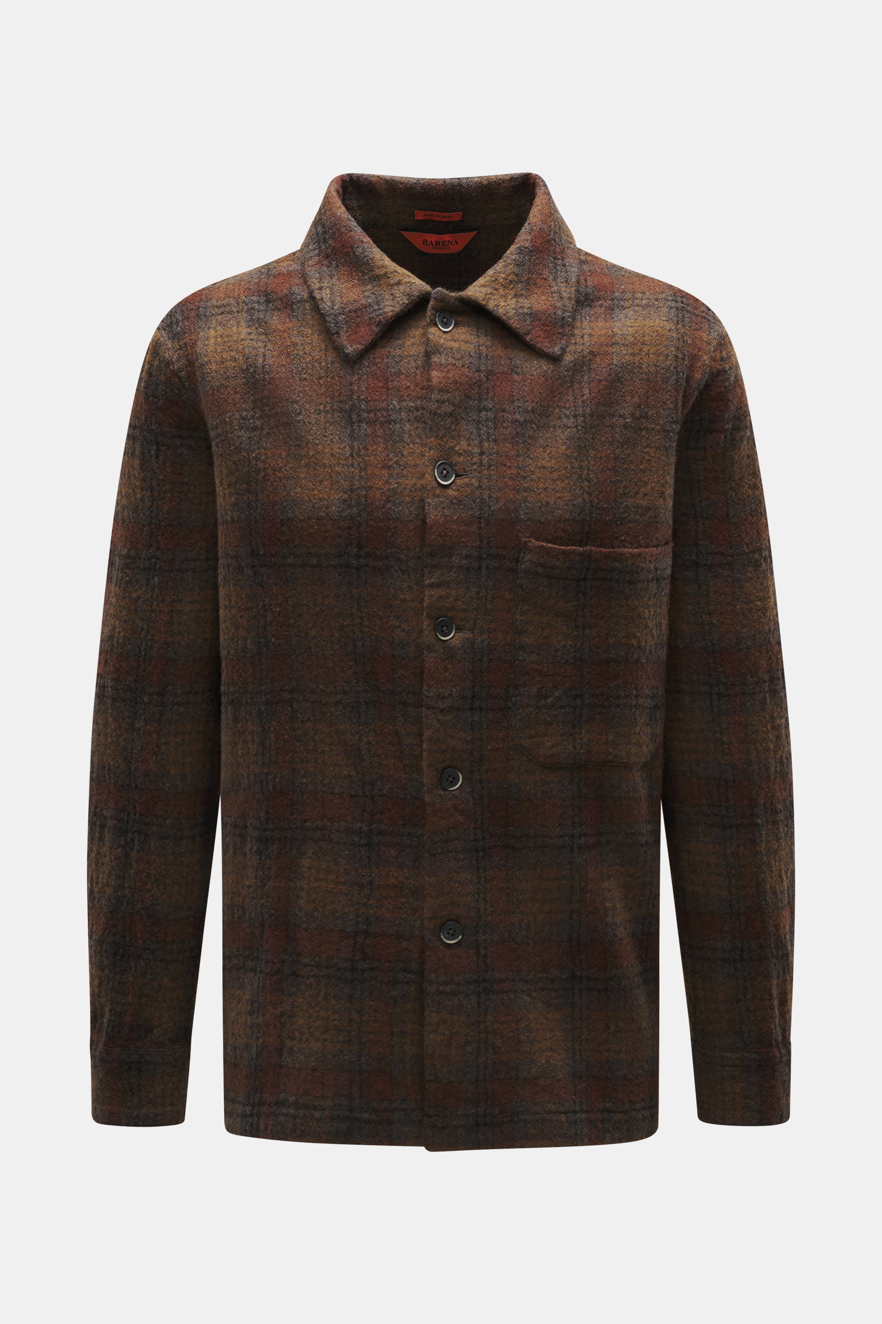 Front view of Barena Venezia Overshirt brown/grey checkered in pure virgin wool, slightly textured feel, Regular Fit, four-button placket, turn-down collar, patch chest pocket, buttoned sleeve cuffs, unconstructed design, one inside pocket.