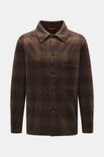 Front view of Barena Venezia Overshirt brown/grey checkered in pure virgin wool, slightly textured feel, Regular Fit, four-button placket, turn-down collar, patch chest pocket, buttoned sleeve cuffs, unconstructed design, one inside pocket.