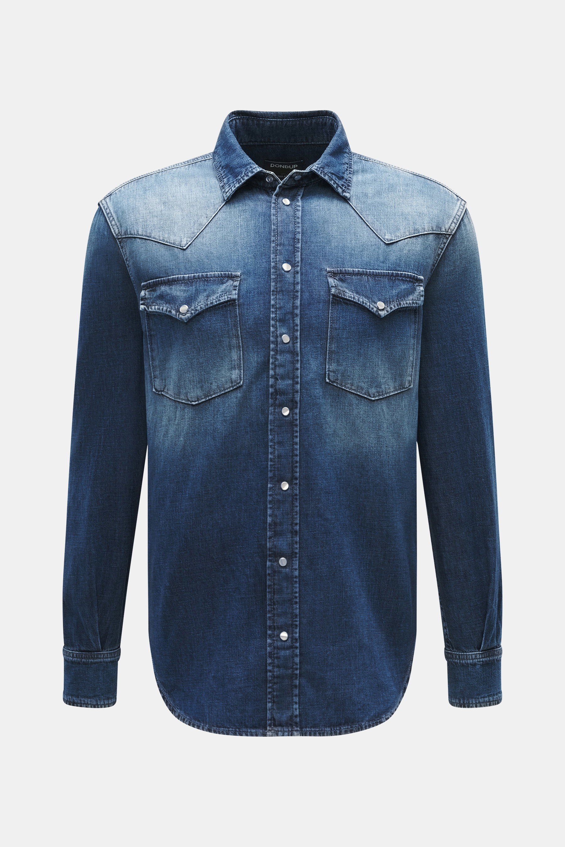 Front view of Dondup Jeans Shirt Narrow Collar Dark Blue, a pure cotton, soft touch denim shirt with Western style, regular fit, narrow collar, patched snap button placket, breast pockets with flap, classic sport cuff, curved back yoke, and rounded hem. M