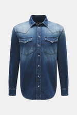 Dondup Jeanshemd schmaler Kragen dunkelblau, Frontansicht, Western-Look, reine Baumwolle, Regular Fit, Druckknopfleiste, Brusttaschen mit Patte, gerundeter Saum