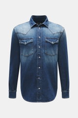 Dondup Jeanshemd schmaler Kragen dunkelblau, Frontansicht, Western-Look, reine Baumwolle, Regular Fit, Druckknopfleiste, Brusttaschen mit Patte, gerundeter Saum