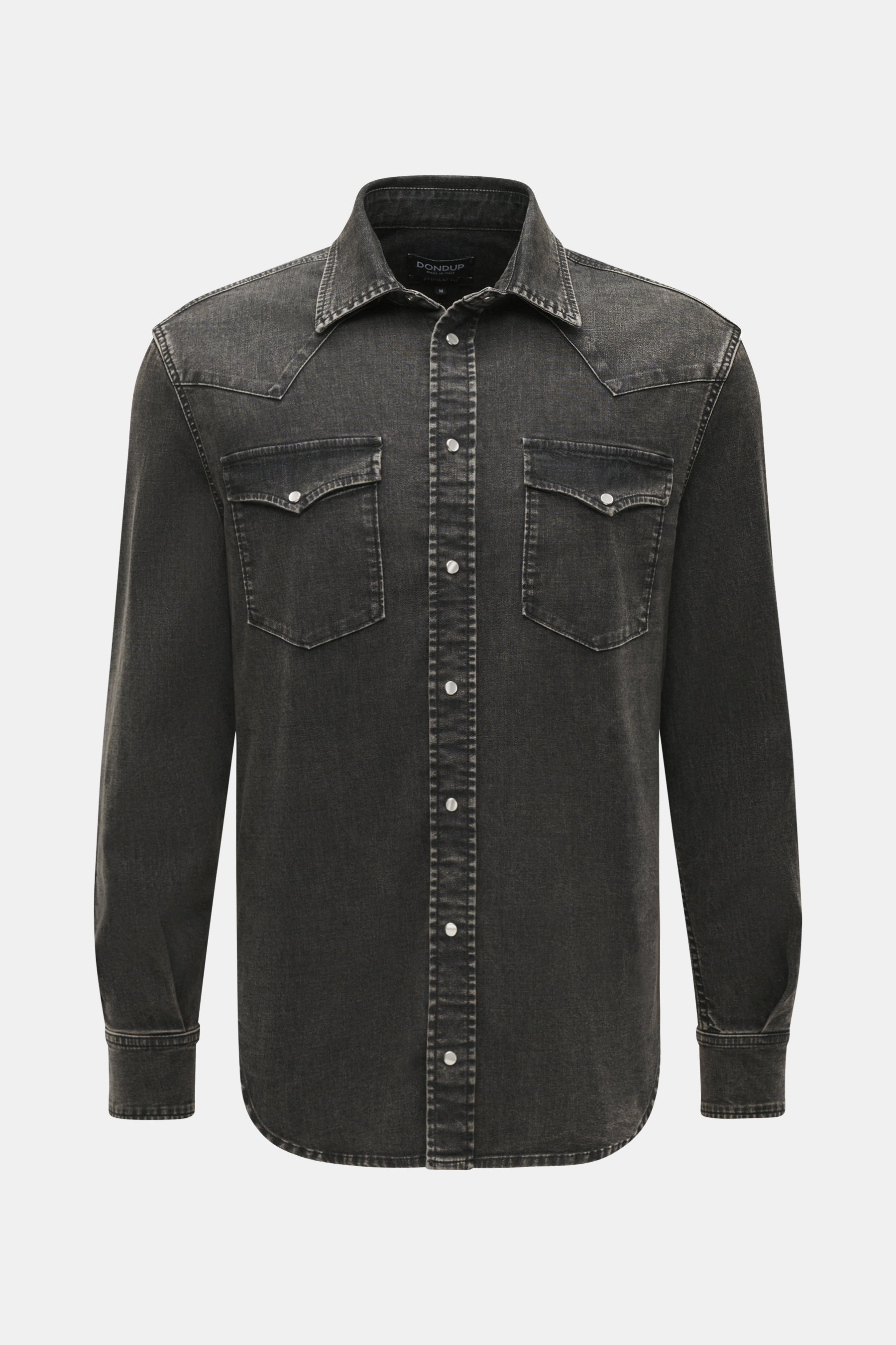 Dondup Jeanshemd schmaler Kragen dunkelgrau, Frontansicht, Western-Look, reine Baumwolle, Regular Fit, Druckknopfleiste, Brusttaschen, Sportmanschette.