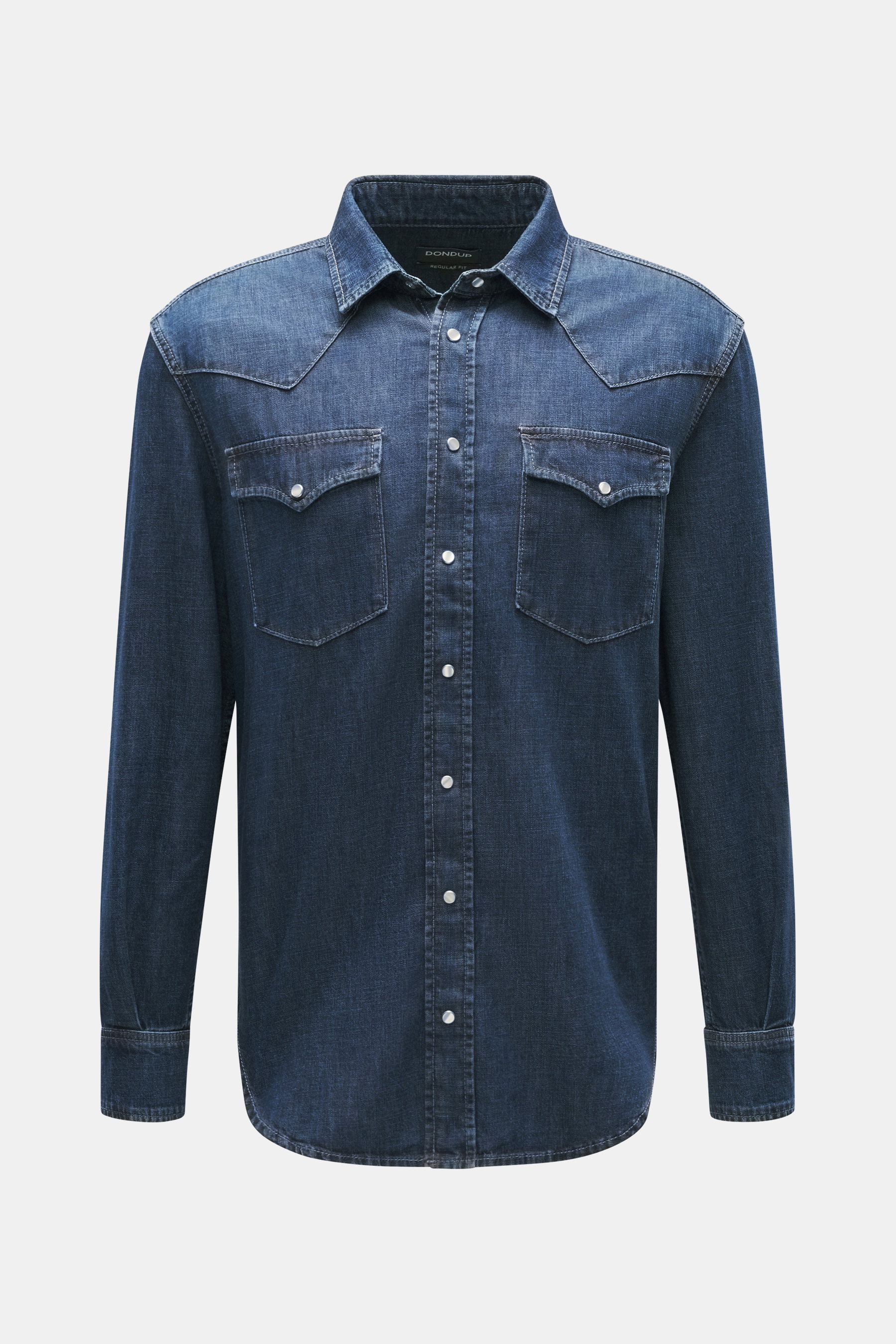 Front view of Dondup Jeans Shirt Narrow Collar navy in modern denim with Western details, snap button placket, breast pockets with flap, classic sport cuff, curved back yoke, and rounded hem, made of pure cotton with a soft touch in regular fit.