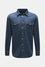 Dondup Jeanshemd schmaler Kragen navy in Frontansicht, Denim Western-Look, reine Baumwolle, weicher Griff, Regular Fit, Druckknopfleiste, Brusttaschen, Sportmanschette, gerundeter Saum