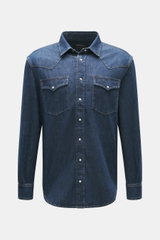 Dondup Jeanshemd schmaler Kragen navy in Frontansicht, Denim Western-Look, reine Baumwolle, weicher Griff, Regular Fit, Druckknopfleiste, Brusttaschen, Sportmanschette, gerundeter Saum