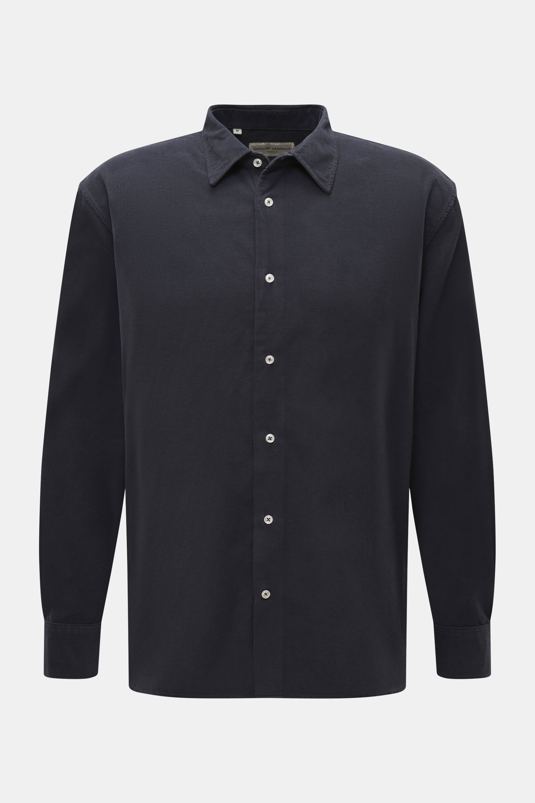 Officine Générale Corduroy shirt kent collar navy shown from the front, corduroy made of pure cotton, soft touch, regular fit, kent collar, French button placket, classic sport cuff, short hem slits.