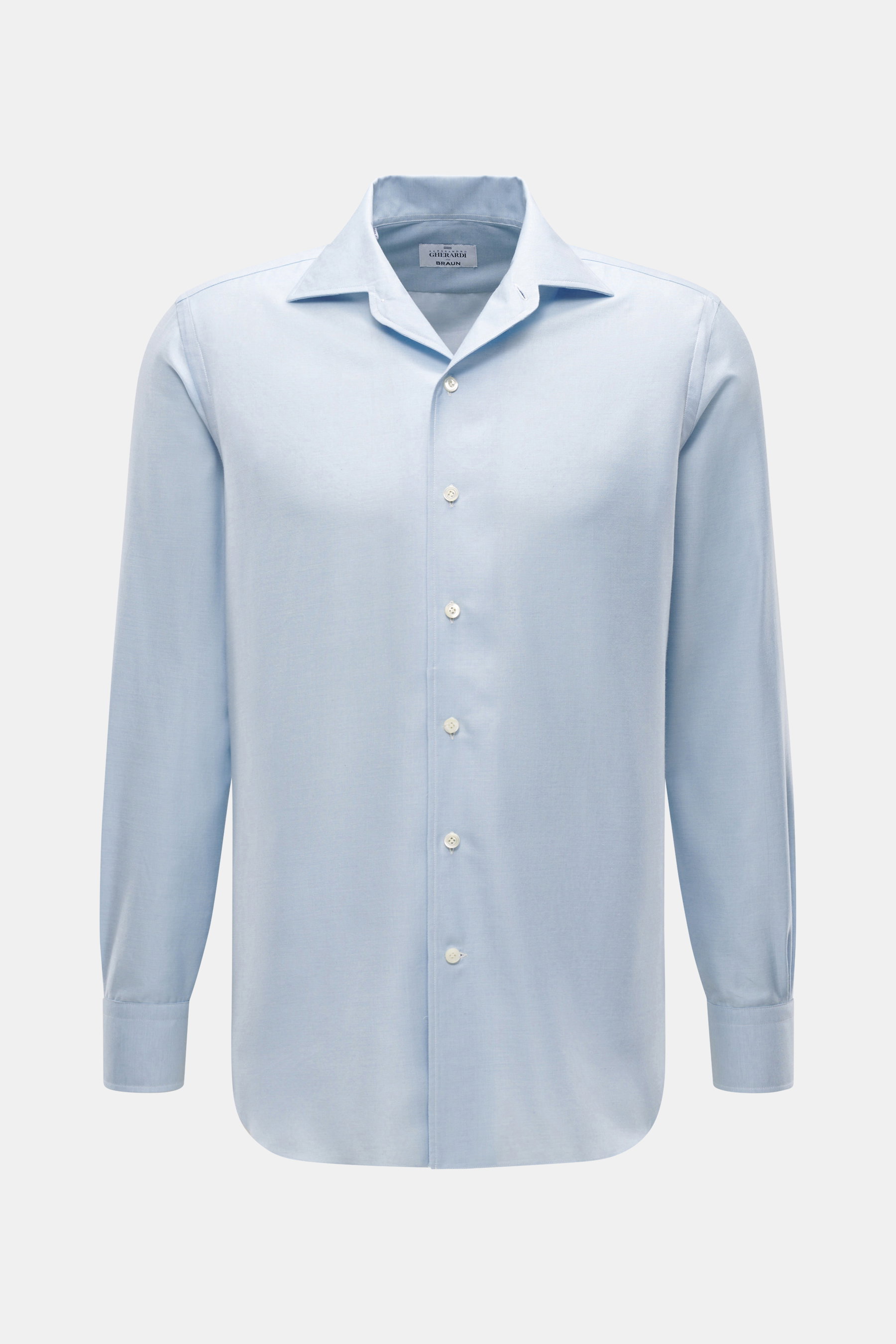 Gherardi Casual Hemd Haifisch-Kragen hellblau, von vorne fotografiert, Twill aus Baumwolle und Cashmere, weicher Flanell, Slim Fit, französische Knopfleiste, klassische Sportmanschette, geteilte Rückenpasse, rückwärtige Taillenabnäher, gerundeter Saumverl