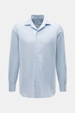 Front view of Gherardi Casual shirt shark collar light blue, twill made of cotton and cashmere, soft flannel, slim fit, shark collar, french button placket, classic sport cuff, split back yoke, rear waist darts, rounded hemline.