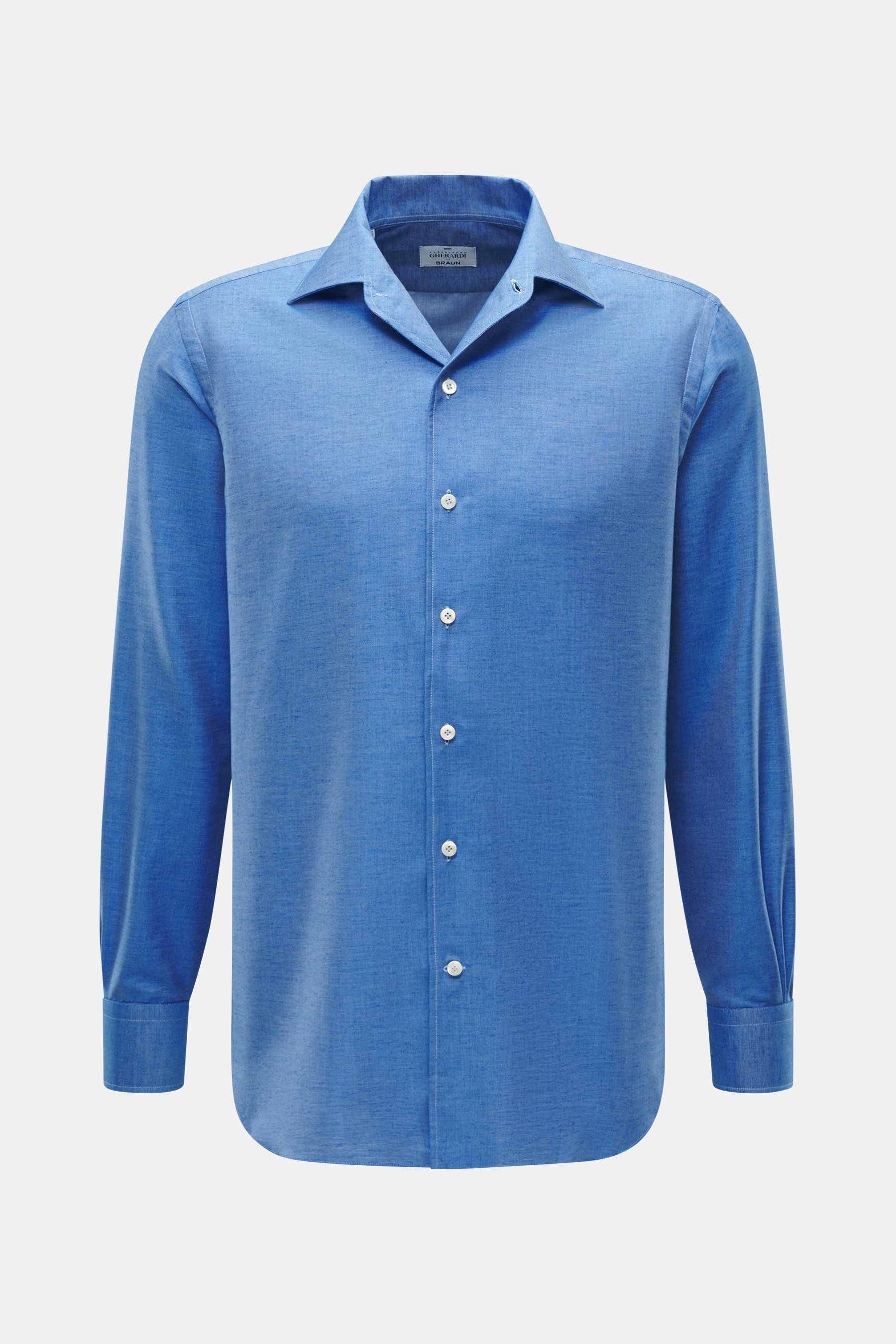 Frontansicht des Gherardi Casual Hemd Haifisch-Kragen blau meliert aus Twill Baumwolle und Cashmere, weichem Flanell, Slim Fit, französischer Knopfleiste, klassischer Sportmanschette, geteilte Rückenpasse, rückwärtigen Taillenabnähern und gerundetem Saumv