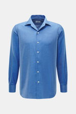 Front view of Gherardi Casual shirt shark collar blue melange in soft flannel twill made of cotton and cashmere, slim fit with french button placket, classic sport cuff, split back yoke, rear waist darts, and rounded hemline.