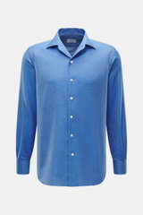 Front view of Gherardi Casual shirt shark collar blue melange in soft flannel twill made of cotton and cashmere, slim fit with french button placket, classic sport cuff, split back yoke, rear waist darts, and rounded hemline.