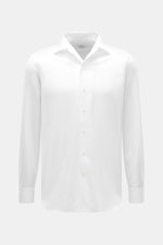 Front view of Gherardi Casual shirt shark collar white, slim fit, twill cotton cashmere, soft flannel, shark collar, french button placket, classic sport cuff, split back yoke, rear waist darts, rounded hemline.