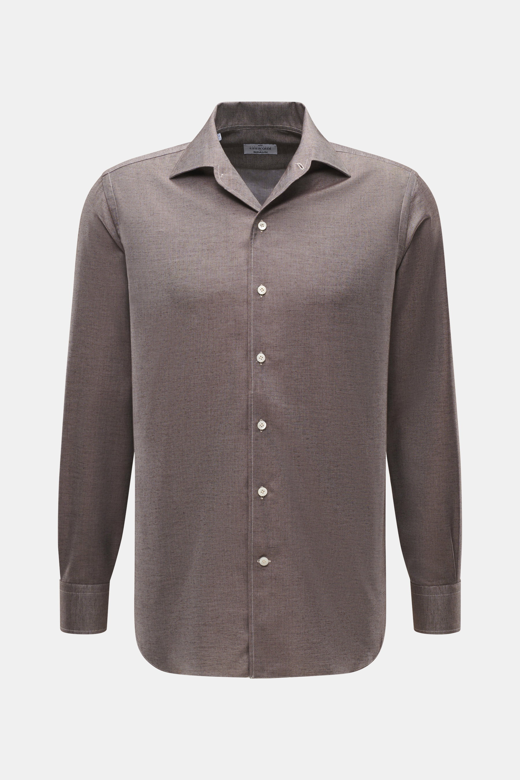 Gherardi Casual Hemd Haifisch-Kragen graubraun meliert, frontale Nahaufnahme, Twill aus Baumwolle und Cashmere, weicher Flanell, Slim Fit, französische Knopfleiste.