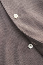 Close-up front view of Gherardi Casual shirt shark collar grey brown melange showing twill cotton and cashmere fabric, soft flannel, slim fit, shark collar, french button placket, classic sport cuff, split back yoke, rear waist darts, rounded hemline.