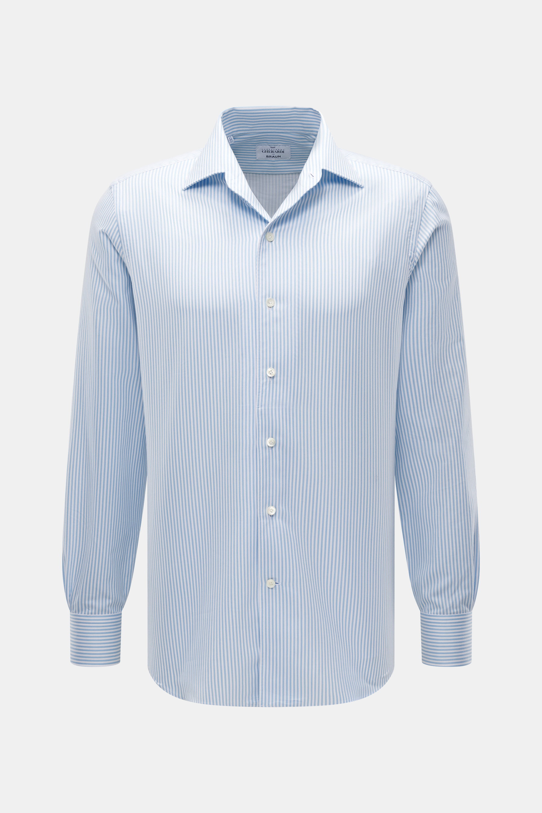 Front view of Gherardi Casual shirt kent collar light blue/white striped, pure cotton, very soft touch, slim fit, kent collar, French button placket, classic sport cuff, split back yoke, back waist darts, rounded hem.
