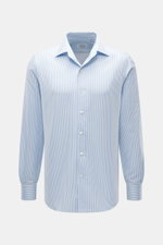 Front view of Gherardi Casual shirt kent collar light blue/white striped, pure cotton, very soft touch, slim fit, kent collar, French button placket, classic sport cuff, split back yoke, back waist darts, rounded hem.