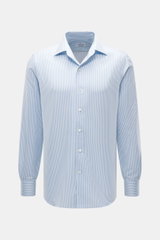 Front view of Gherardi Casual shirt kent collar light blue/white striped, pure cotton, very soft touch, slim fit, kent collar, French button placket, classic sport cuff, split back yoke, back waist darts, rounded hem.