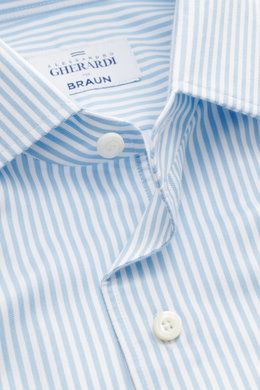 Close-up front view of Gherardi Casual shirt kent collar light blue/white striped with pure cotton, very soft touch, slim fit, kent collar, French button placket, classic sport cuff, split back yoke, back waist darts, rounded hem.