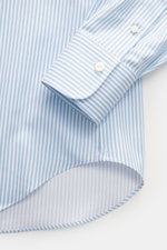 Gherardi Casual shirt kent collar light blue/white striped shown close-up from above, featuring pure cotton, very soft touch, slim fit, kent collar, French button placket, classic sport cuff, split back yoke, back waist darts, and rounded hem.