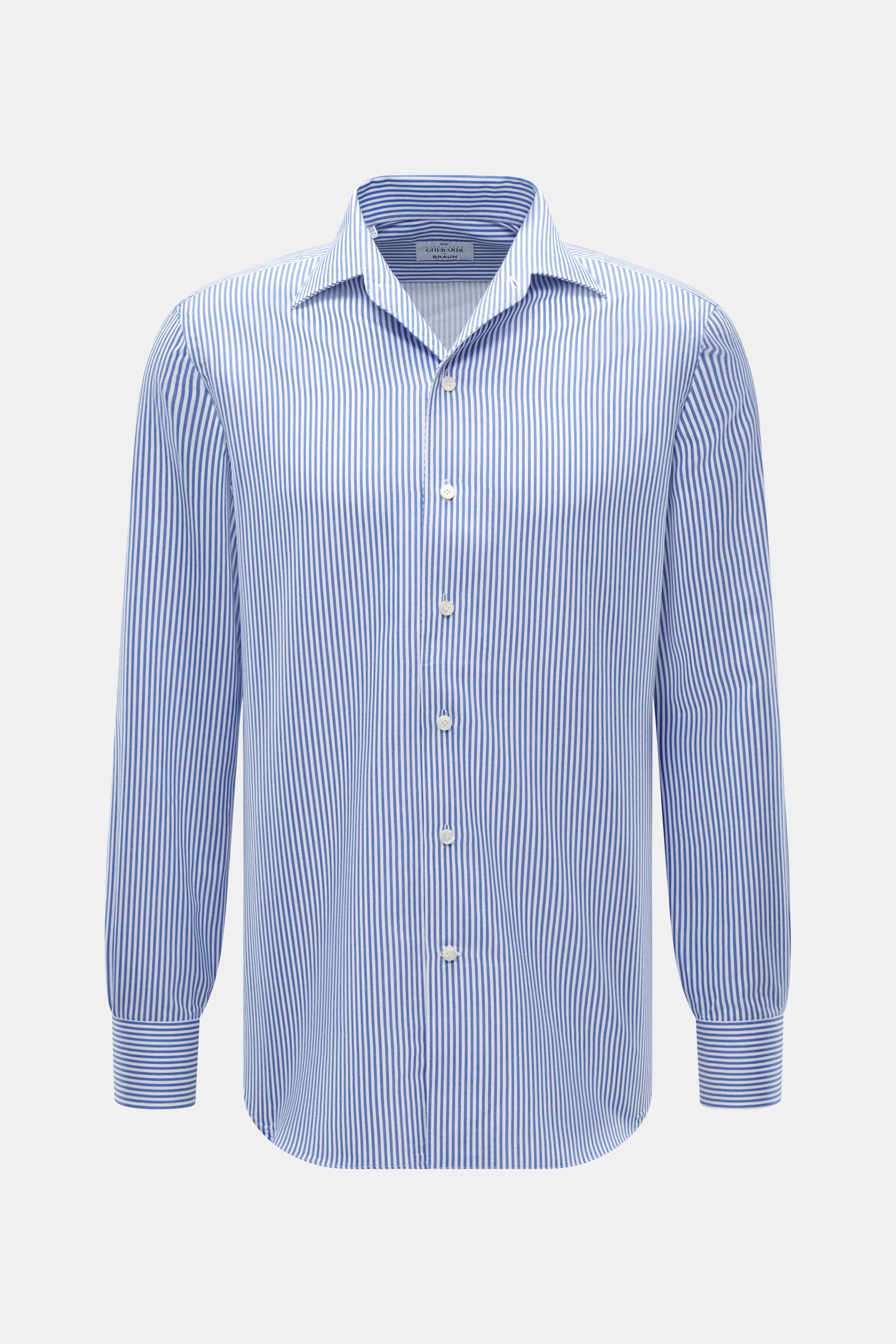 Gherardi Casual Hemd Kent-Kragen blau/weiß gestreift, Slim Fit, reine Baumwolle, weicher Griff, Kent-Kragen, Knopfleiste, Sportmanschette, Rückenpasse, Taillenabnäher, gerundeter Saum, Frontansicht.