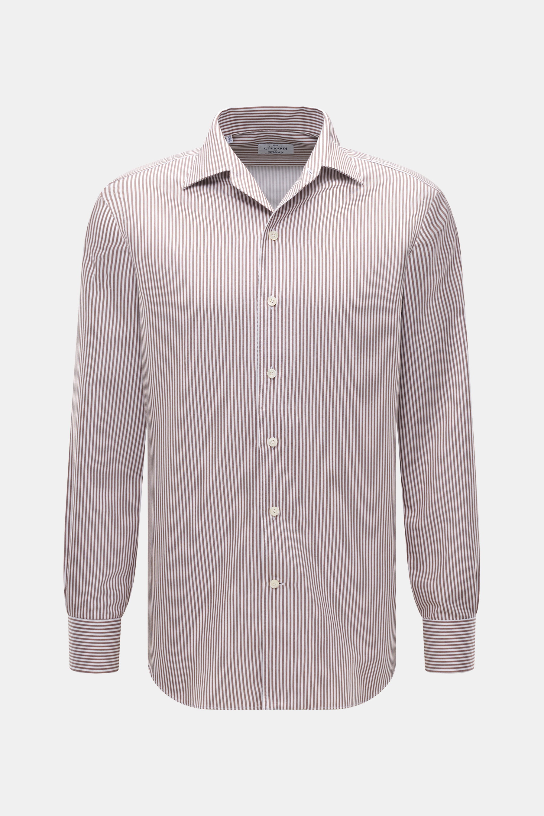Gherardi Casual Hemd Kent-Kragen braun/weiß gestreift, Frontansicht, Slim Fit, reine Baumwolle, sehr weicher Griff, französische Knopfleiste, klassische Sportmanschette, geteilte Rückenpasse, rückseitige Taillenabnäher, gerundeter Saumverlauf.