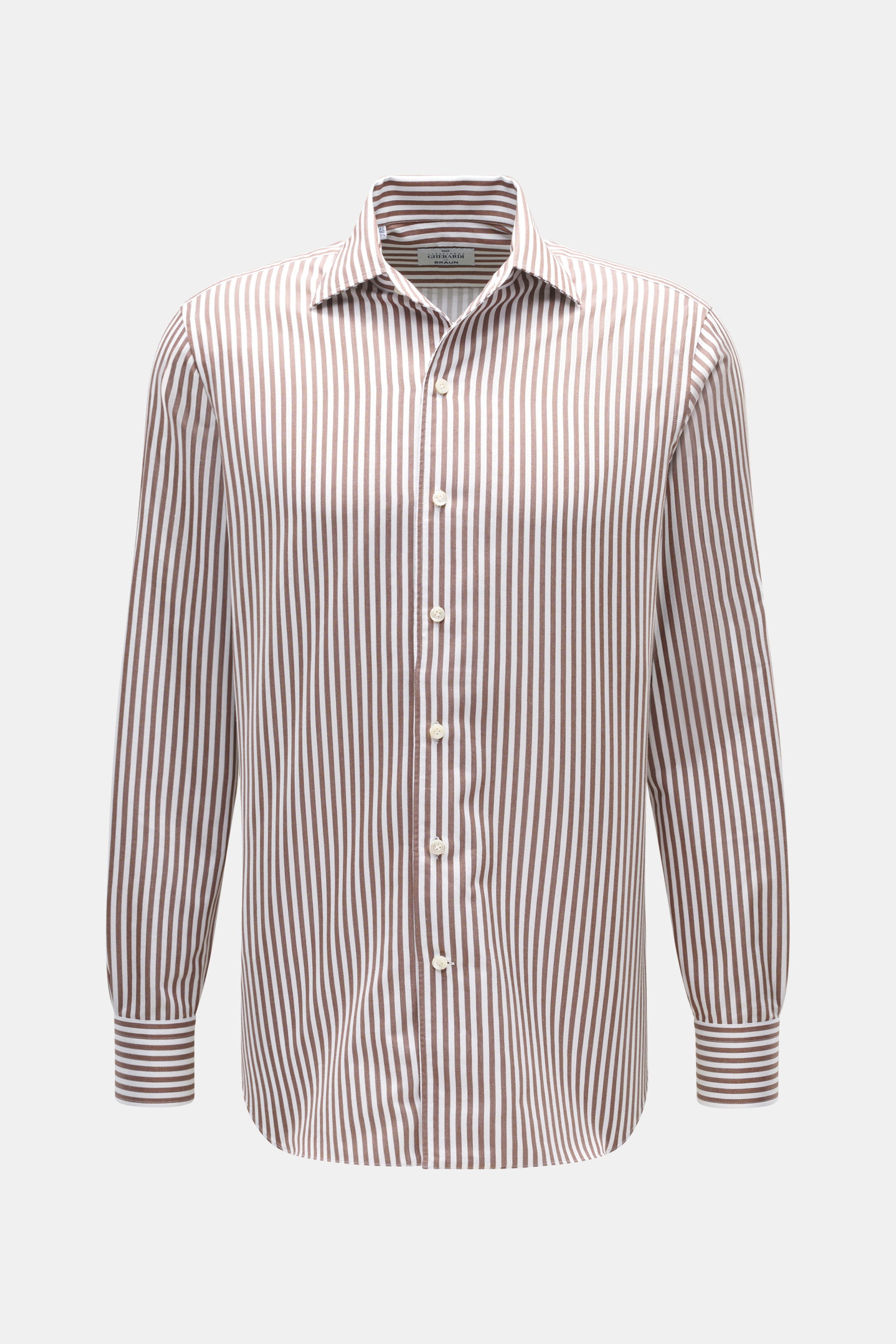 Front view of the Gherardi Casual Shirt Kent Collar brown/white striped, twill pure cotton, very soft feel, Slim Fit, Kent collar, French placket, classic sport cuff, split back yoke, back waist darts, rounded hem.