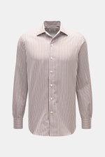Front view of the Gherardi Casual Shirt Kent Collar brown/white striped, twill pure cotton, very soft feel, Slim Fit, Kent collar, French placket, classic sport cuff, split back yoke, back waist darts, rounded hem.