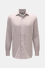 Front view of the Gherardi Casual Shirt Kent Collar brown/white striped, twill pure cotton, very soft feel, Slim Fit, Kent collar, French placket, classic sport cuff, split back yoke, back waist darts, rounded hem.