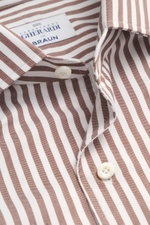 Close-up front-angle view of Gherardi Casual Shirt Kent Collar brown/white striped showing twill cotton fabric, very soft feel, slim fit, Kent collar, French placket, classic sport cuff, split back yoke, back waist darts, and rounded hem.