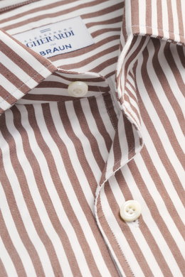 Close-up front-angle view of Gherardi Casual Shirt Kent Collar brown/white striped showing twill cotton fabric, very soft feel, slim fit, Kent collar, French placket, classic sport cuff, split back yoke, back waist darts, and rounded hem.