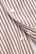 Close-up front view of the Gherardi Casual Shirt Kent Collar brown/white striped, showing twill pure cotton fabric, very soft feel, slim fit, Kent collar, French placket, classic sport cuff, split back yoke, back waist darts, and rounded hem.